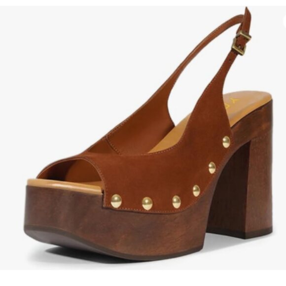 YDN Shoes - YDN Brown Rivet Studded Platform Chunky High Heeled Sandal Slingback Buckle Shoe